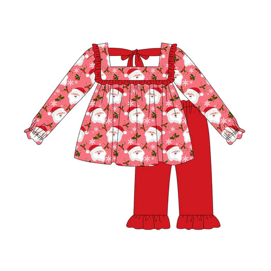 Preorder (moq 5)Baby Girls Short Ruffle Sleeves Santa Plaid Tunic Ruffle Pant Set 5.20
