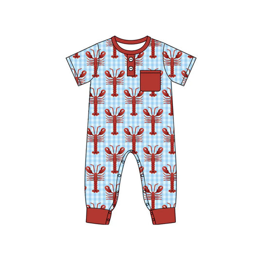 Preorder (moq 8)Baby Boys Blue Checked Crayfishes Button Pocket Footie Rompers 9.27