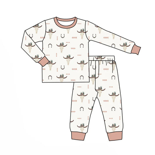 Preorder (moq 8)Baby Boys Flower Bull Skulls Shoes Top Pants Western Pajamas Set 9.15