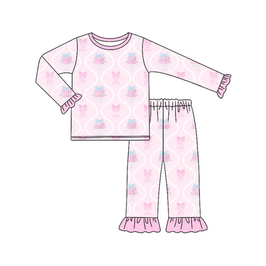 Preorder (moq 5)Baby Girls Pink Long Ruffle Sleeves Bows Gifts Plaid Top Pant Pajamas Sets 6.21