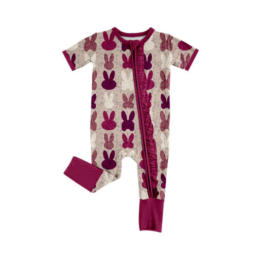 Preorder (moq 5)Baby Girls Hot Pink Rabbits Easter Ruffle Zipper Footie Rompers 10.18