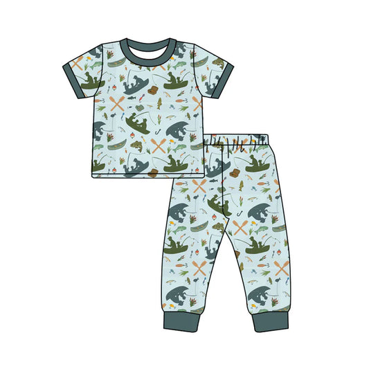 Preorder (moq 5)Baby Boys Short Sleeves Dark Green Fishing Top Pant Pajamas Set 5.21