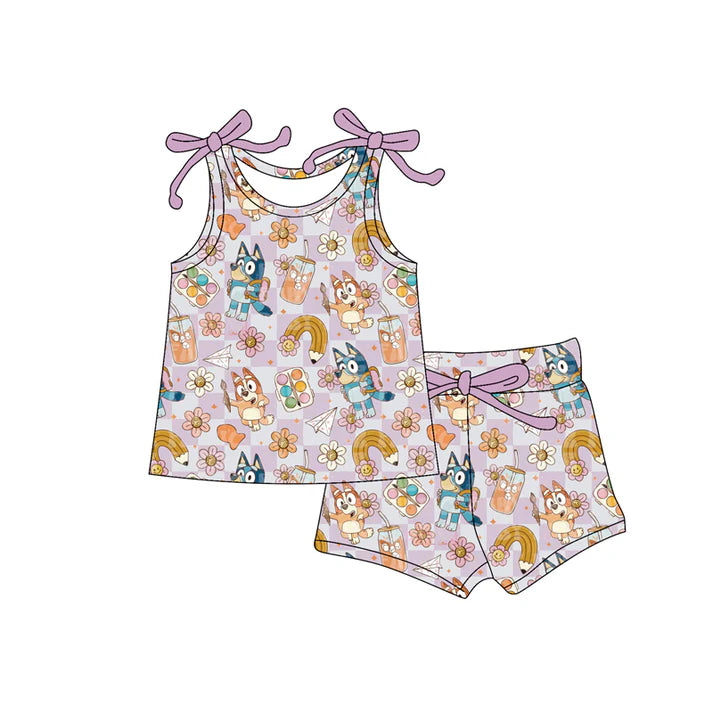 Preorder moq 5 Baby Girls Bows Sleeveless Cartoon Dogs Pencil Top Short Set 4.16