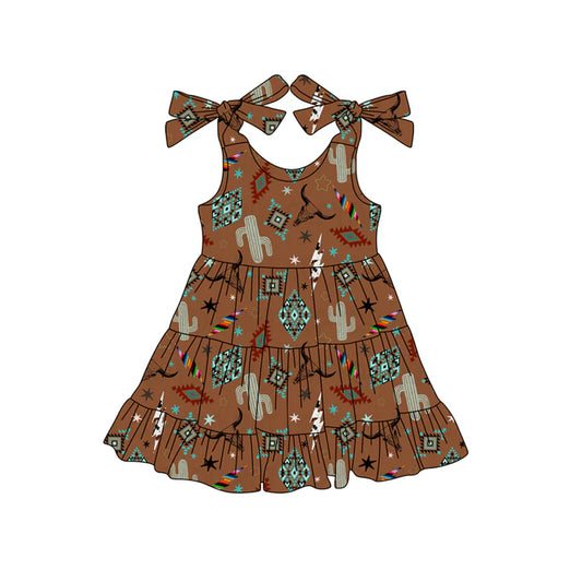 Preorder (moq 5)Baby Girls Brown Strap Cactus Bull Skull Aztec Knee Length Dresses 4.24