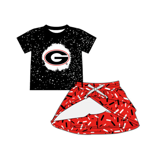 Preorder (moq 5)Baby Girls Black Short Sleeves G Top Red Drip Skirts Team Set 6.14