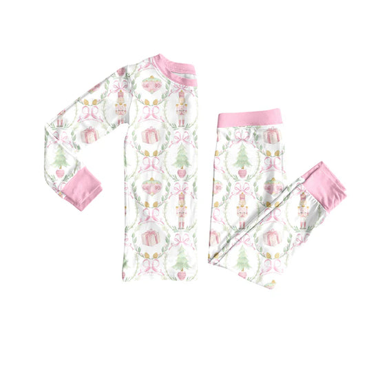 Preorder (moq 5)Baby Girls Long Sleeves Pink Bows Gifts Plaid Top Pant Pajamas Sets 6.11