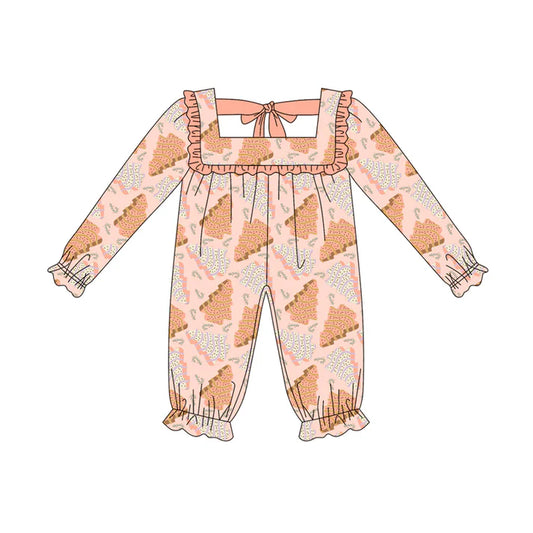 Preorder (moq 5)Baby Girls Long Sleeves Peach Trees Plaid Ruffle Pant Romper 7.5