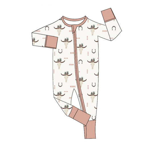 Preorder (moq 8)Baby Boys Flower Bull Skulls Shoes Western Zipper Footie Rompers 9.15