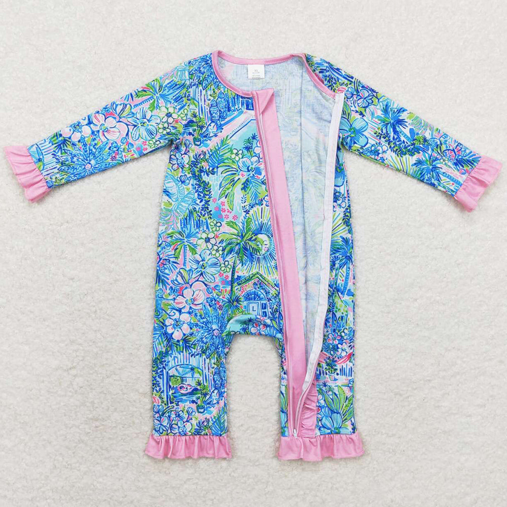 Baby Infant Girls Rompers Blue House Flowers Long Sleeve Rompers LR1339