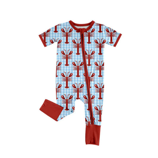 Preorder (moq 8)Baby Boys Blue Checked Crayfishes Zipper Footie Rompers 9.27