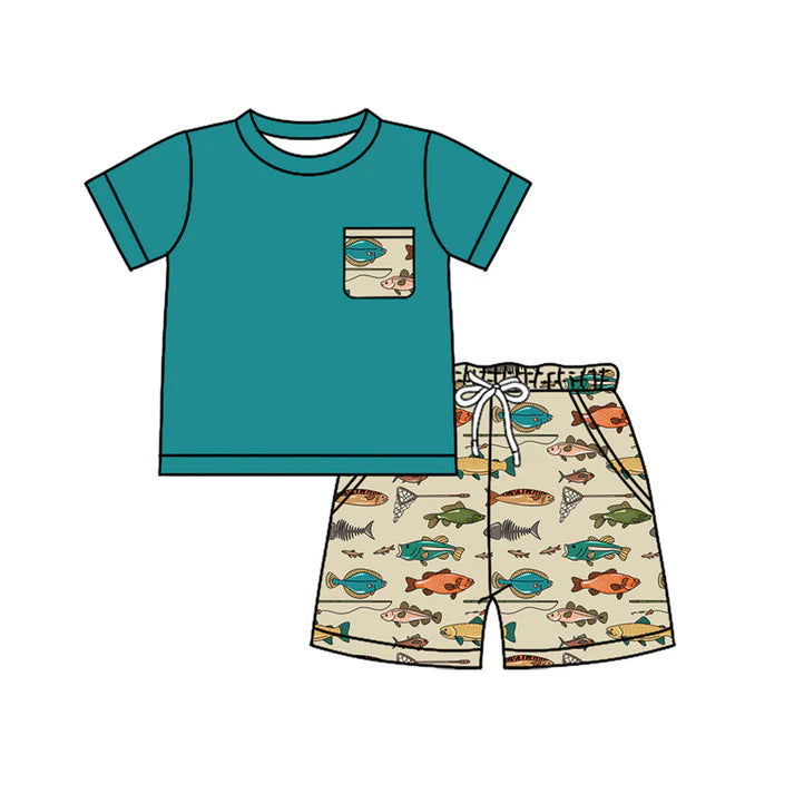 Preorder moq 5 Baby Boys Green Short Sleeves Pocket Top Fishing Shorts Set 4.14