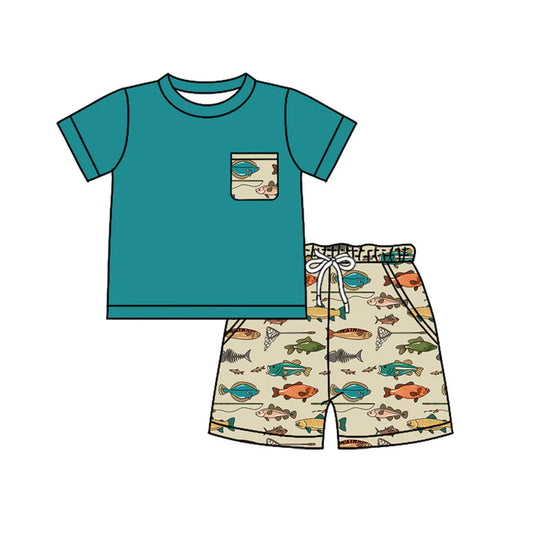 Preorder moq 5 Baby Boys Green Short Sleeves Pocket Top Fishing Shorts Set 4.14