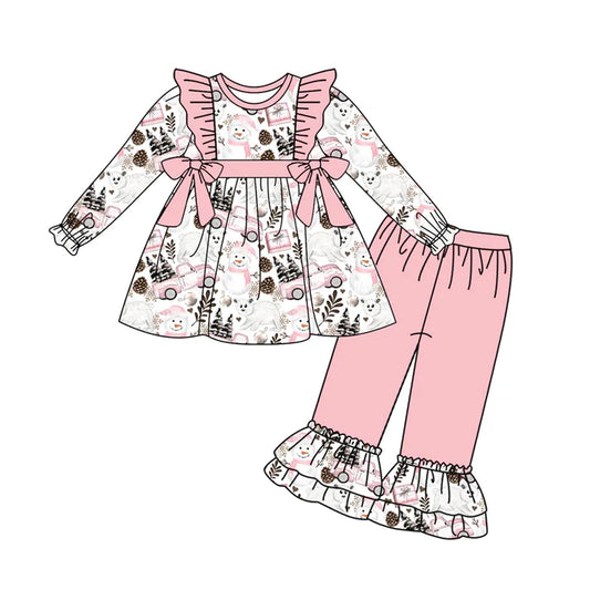 Preorder (moq 5)Baby Girls Long Ruffle Sleeves Pink Bows Trees Snowman Tunic Pants Set 6.21