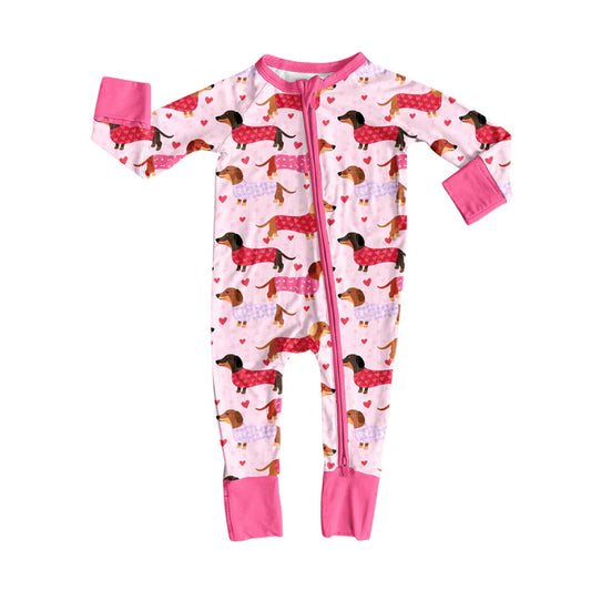 Preorder (moq 5)Baby Girls Pink Hearts Dogs Valentine Zipper Footie Rompers 9.4