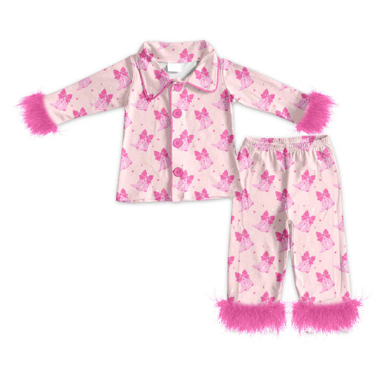 Preorder (moq 5)Baby Girls Pink Bows Boots Button Top Pants Valentine Fur Pajamas Sets 9.3