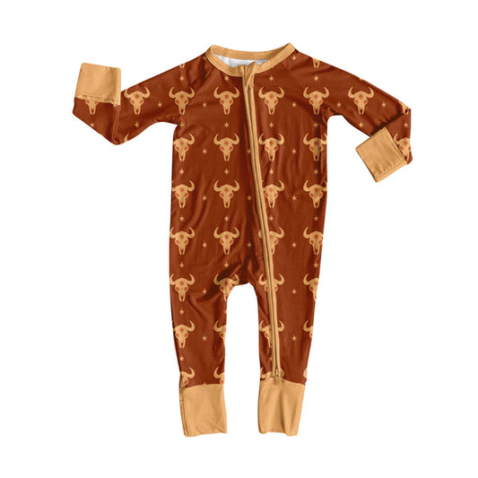 Preorder(moq 5)Baby Boys Bull Skull Stars Plaid Western Zipper Footie Rompers 8.15
