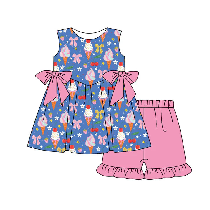 Preorder(moq 5) Baby Girls Ice Cream Flowers Bows Tunic Ruffle Shorts Clothes Sets 11.18