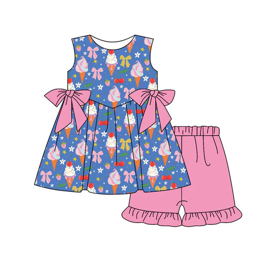 Preorder(moq 5) Baby Girls Ice Cream Flowers Bows Tunic Ruffle Shorts Clothes Sets 11.18