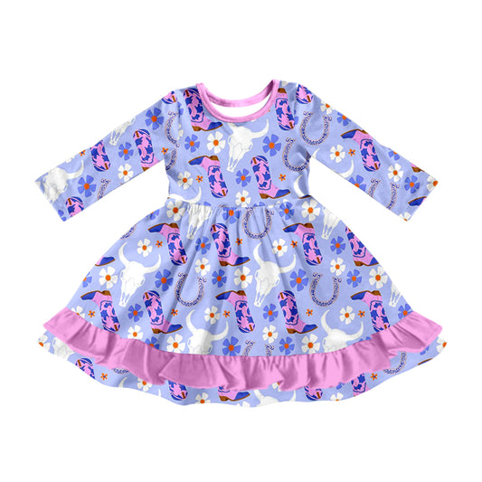 Western Cow Baby Girls Dress Long Sleeve Knee Length Dresses Preorder MOQ 5