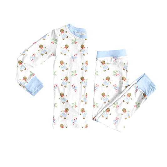 preorder(moq 5) Baby Boys Long Sleeves Blue Gingerbread Holly Top Pants Pajamas Set 7.25