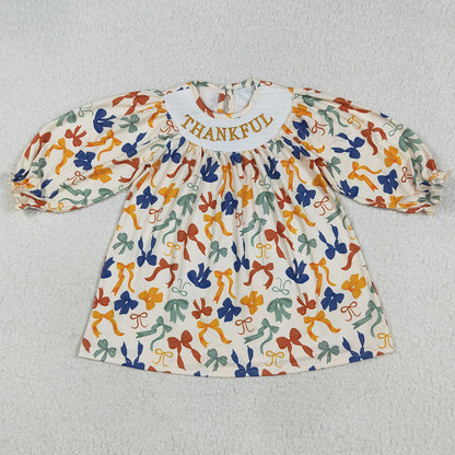 Baby Girls Smocked Dress Embroidery Thanksgiving Thankful Colorful Bows Knee Length Dresses GLD1086 7.19
