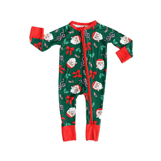 Preorder (moq 8)Baby Boys Dark Green Santa Bows Holly Christmas Zipper Footie Rompers 9.22