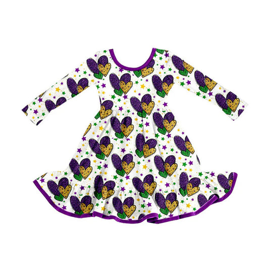 Preorder (moq 8)Baby Girls Purple Yellow Green Hearts Mardigras Ruffle Knee Length Dress 9.9