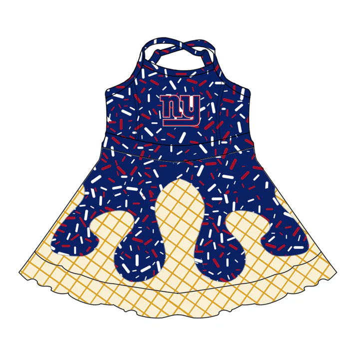 Preorder (moq 5)Baby Girls Strap Drip Navy NY Shorts Ruffle Team Knee Length Dresses 6.30