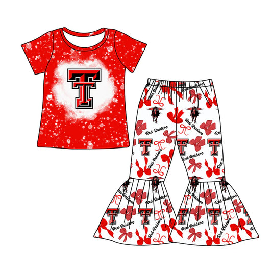Preorder MOQ 5 Bleached red T top bow pants kids girls team clothes 8.28