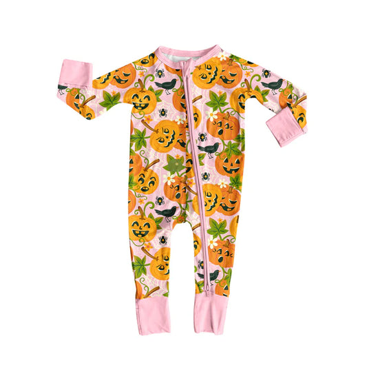 Preorder (moq 5)Baby Girls Long Sleeves Pink Floral Ghost Pumpkins Plaid Zipper Romper 7.5