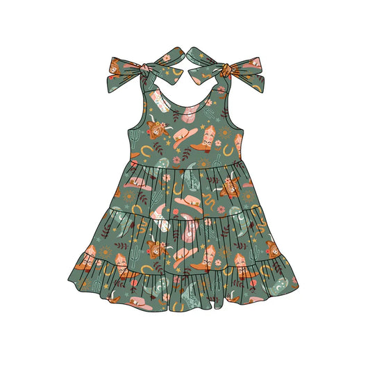 Preorder (moq 5)Baby Girls Green Bows Strap Boots Highland Cows Knee Length Dress 4.25