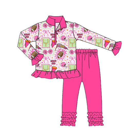 Preorder (moq 5)Baby Girls Long Ruffle Sleeves Cheer Footballs Zipper Top Legging Pants Set 7.28