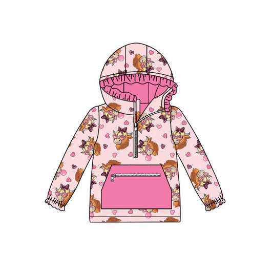 Preorder(moq 8)Baby Girls Hearts Highland Cows Pocket Zipper Ruffle Valentine Hoodies Top 9.25