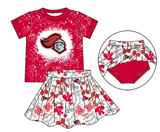 Preorder moq 5 red R bleached top bow skirt girls team outfits 8.23