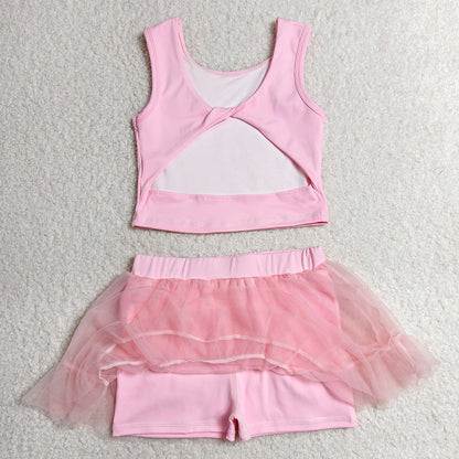 Baby Girls Clothes Pink Sleeveless Vests Tassel Skirt Shorts Yoga Active Clothes Set GSD3806