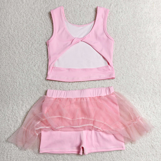 Baby Girls Clothes Pink Sleeveless Vests Tassel Skirt Shorts Yoga Active Clothes Set GSD3806