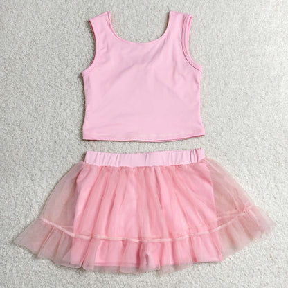 Baby Girls Clothes Pink Sleeveless Vests Tassel Skirt Shorts Yoga Active Clothes Set GSD3806