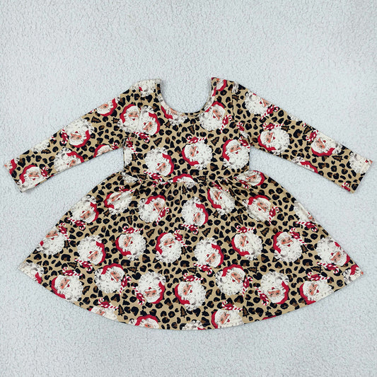 Baby Girls Dress Long Sleeve Leopard Santa Christmas Knee Length Dress GLD1761