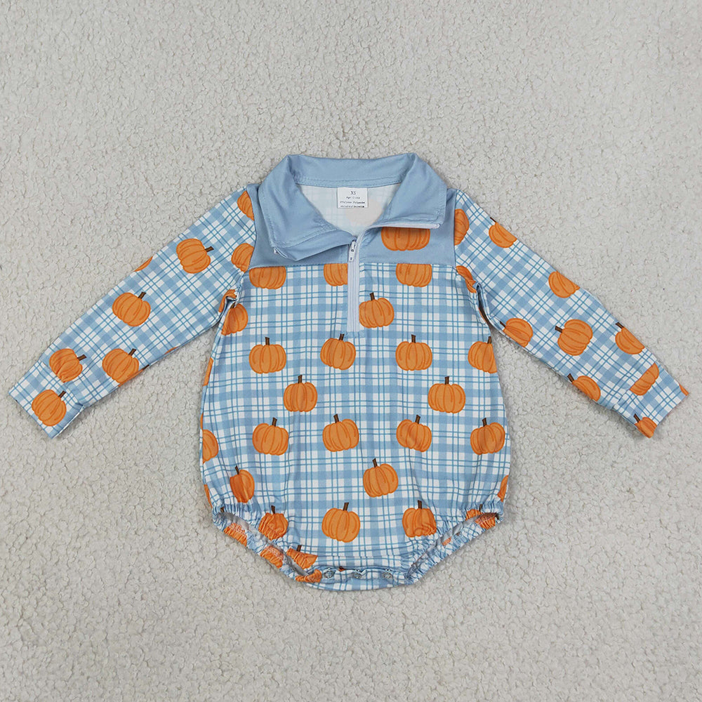 Baby Boys Rompers Blue Checked Pumpkins Fall Zip Long Sleeve Rompers LR3201