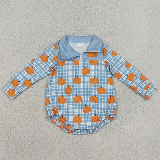Baby Boys Rompers Blue Checked Pumpkins Fall Zip Long Sleeve Rompers LR3201