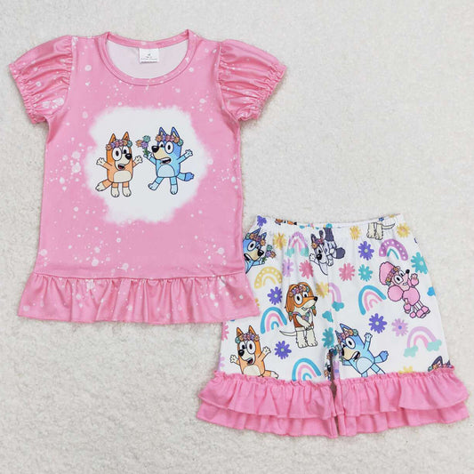 Baby Girls Clothes Pink Dogs Flowers Shirt Top Ruffle Shorts Clothes Sets GSSO0823