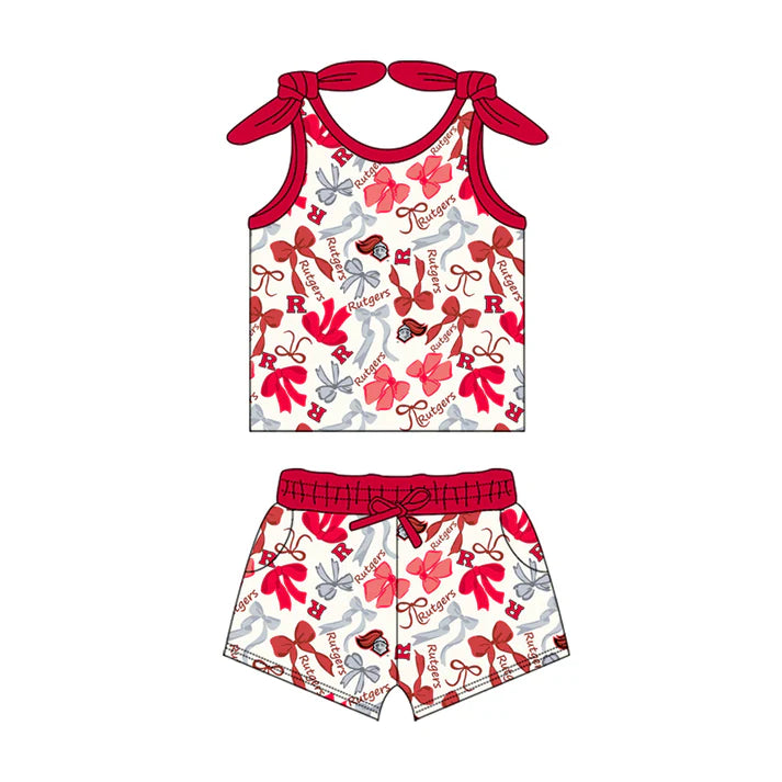 Preorder MOQ 5 pcs sleeveless R red bow top shorts girls team clothes 8.23
