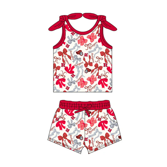 Preorder MOQ 5 pcs sleeveless R red bow top shorts girls team clothes 8.23