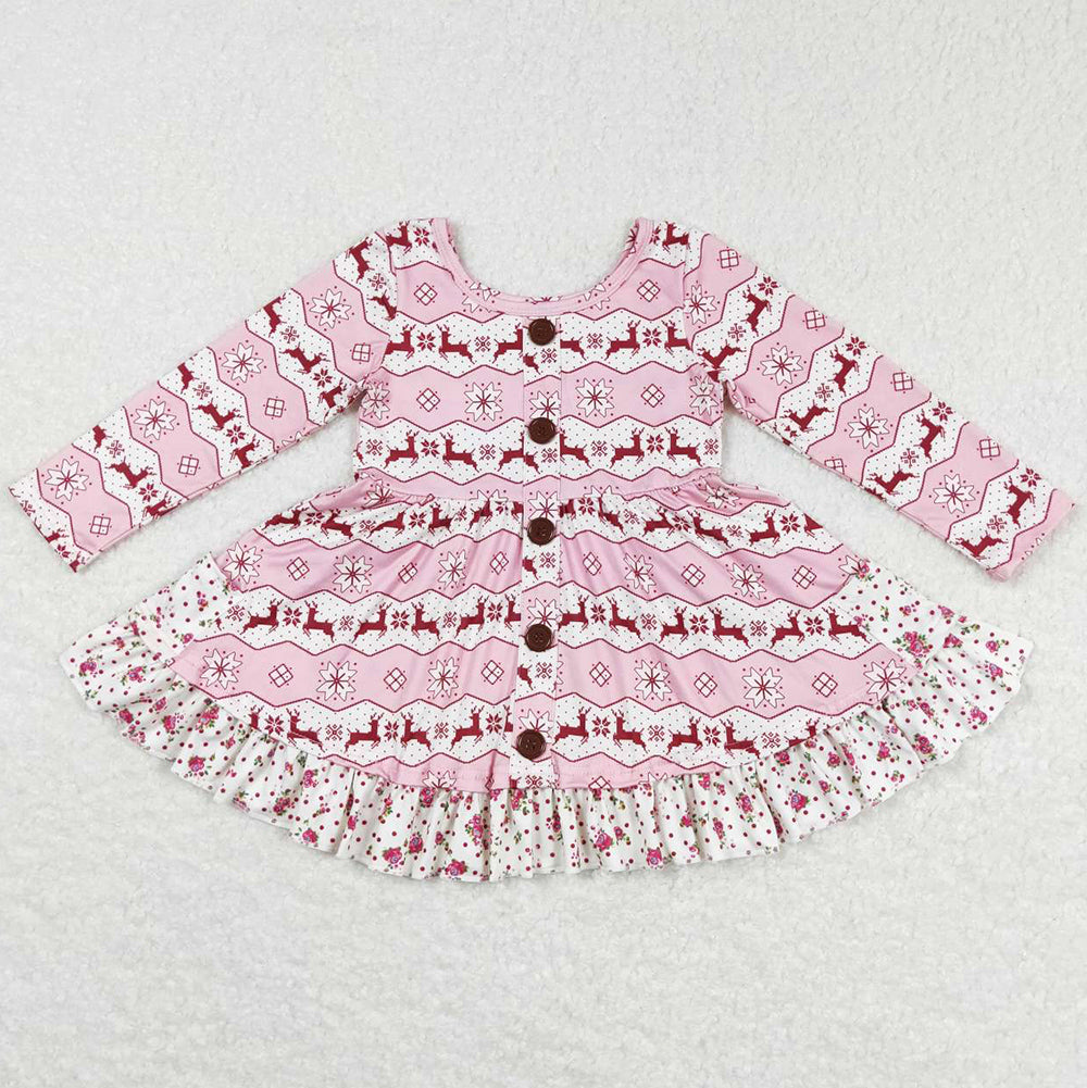 Christmas Deer Print Baby Girls Dress Long Sleeve Twirl Dresses GLD0433