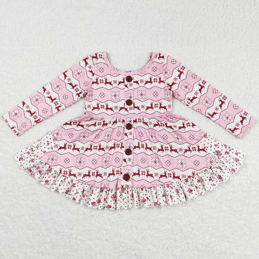 Christmas Deer Print Baby Girls Dress Long Sleeve Twirl Dresses GLD0433