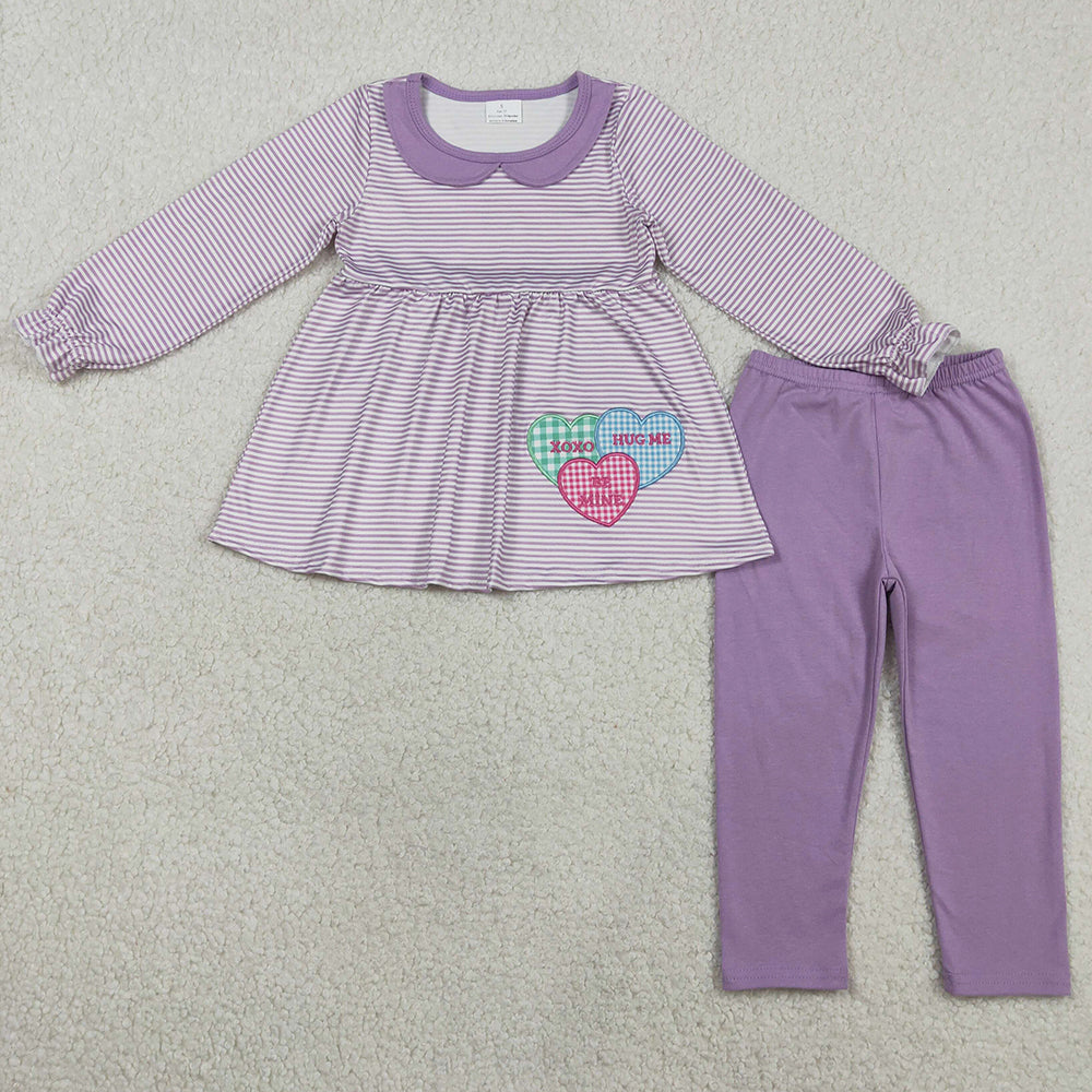 Baby Girls Clothes Embroidery XOXO Hearts Stripe Collar Tunic Leggings Valentines Clothes Set GLP3262