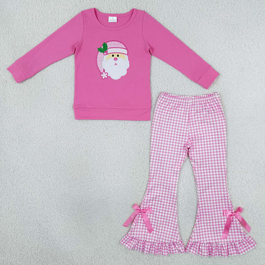 Baby Girls Clothes Embroidery Holly Santa Top Checked Flare Pant Christmas Clothes Sets GLP3561