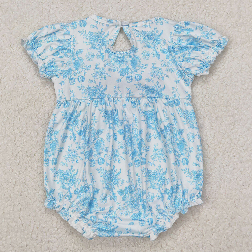 Baby Infant Girls Rompers Blue Flowers Bows Embroidery Rompers SR2784