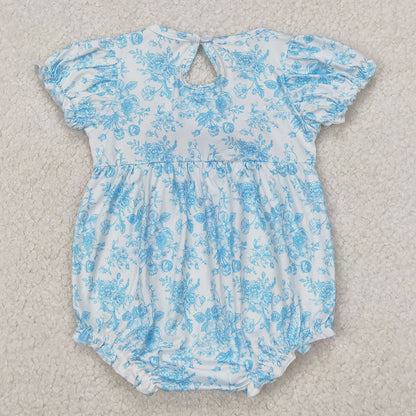 Baby Infant Girls Rompers Blue Flowers Bows Embroidery Rompers SR2784