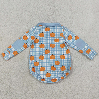 Baby Boys Rompers Blue Checked Pumpkins Fall Zip Long Sleeve Rompers LR3201
